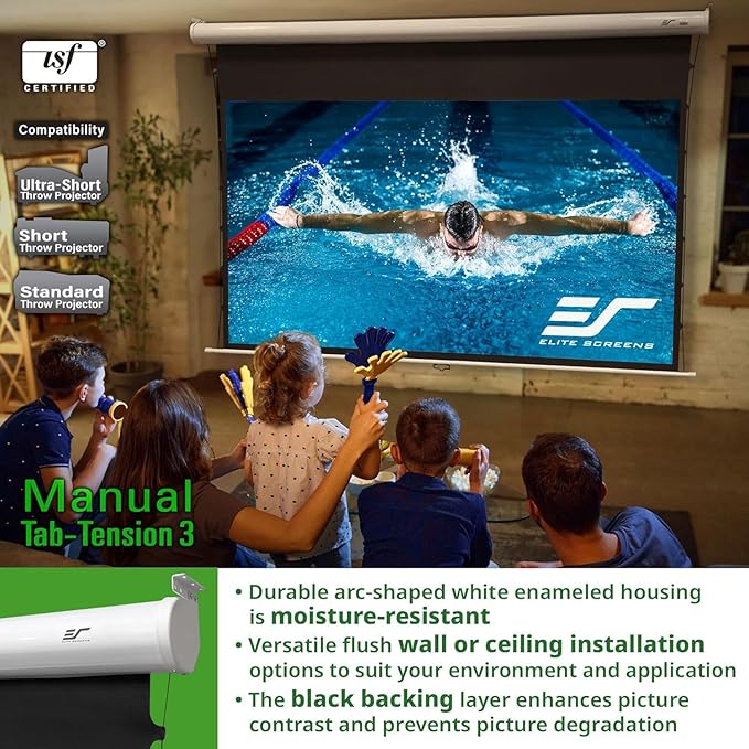 Elite Screens Manual Tab-Tension 3, 125-INCH with Extra 10" Drop, Pull Down Projector Screen Home Movie Gaming Presentations ISF Certified Premium CineWhite® P Material, MT125XWH3-E10