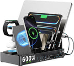 600w Charging Station for Multiple Devices, 15 in 1 Wireless Charging Station for Apple, Dual 100w USB C Tablet Charging Station for MacBook,iPhone,iPad,Tablet(Black)
