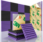 Sonicism Sound Proof Foam Panels for Walls Self-Adhesive 12 Pack Pyramid 1" X 12" X 12" Soundproof Wall Panels High Density Acoustic Panels Foam Fast Expand,Sound Absorption & Decoration,Black/Purple