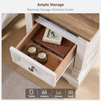 T4TREAM Farmhouse Nightstand with Charging Station, 18" End Table with 2 Drawers Storage, Wood Side Table w/Roman Column, Bedside Cabinet for Bedroom, Living Room, Antique White