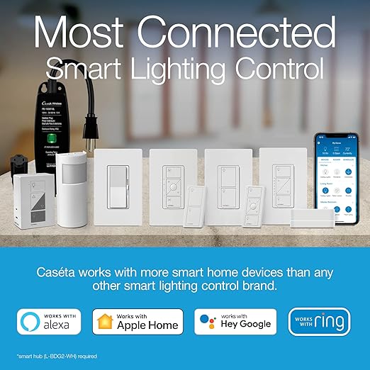 Lutron Claro Smart Light Switch for Caseta Lighting, for LED Lights, Fans, 5 Amp, Single-Pole/3-Way, Neutral Required, DVRF-5NSS-WH-2, White, 2 Pack