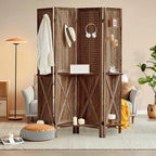 Aleesing 4 Panel Pegboard Display with 16 Hooks, Wooden Pegboard Room Divider Wall with Shelf, Partition Room Dividers and Folding Privacy Screens, Bedroom, Jewelry Store, Brown