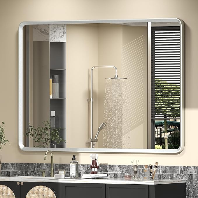 44x36 Inch Silver Framed Mirror, Silver Bathroom Vanity Mirror for Wall, Brushed Nickel, Rounded Rectangle Mirror, Shatterproof, Anti-Rust (Horizontal/Vertical)