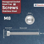 Kozelo 5pcs Socket Head Cap Screws - [M8-1.25 x 75mm] 304 Stainless Steel Allen Socket Drive for Electrical Motor 3D Printing Fan Engine Replacement Use, Silver