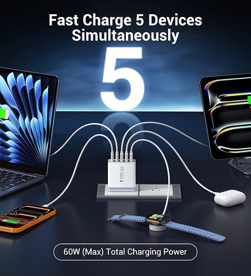 60W USB C Wall Charger Block, 2Pack 5-Port C Charger Fast Charging Block Dual PD Power Adapter&QC 3.0 Wall Plug Multiport Type C Charging Cube Brick for iPhone 12/13/14/15/16/17 Pro Max, iPad,Samsung