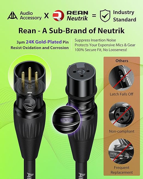 AA AUDIO ACCESSORY XLR Cables 10ft 2 Pack, Neutrik REAN Gold-Pin Connectors, 21AWG OFC, Kevlar-Reinforced Nylon Braided, AL & OFC Dual Shielded Male to Female Balanced XLR Microphone Cable for Shure
