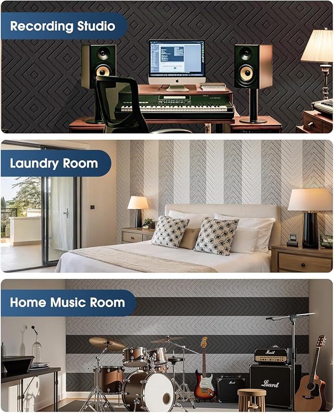 Woovio Sound Proof Foam Panels for Walls, 12 Pack Self-Adhesive Acoustic Panels, 12" X 12" X 0.4" Soundproof Wall Panels for Door, Ceiling, Home Office Gray