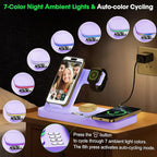 Dual Phone Wireless Charging Station for Apple Devices, Magnetic Charging Station for iPhone with Auto Switch 7-Color Light&Clock,Family Watch Charger for iPhone17 for iWatch11 for AirPods Pro3(Purple