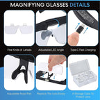 Magnifying Glass with Light, Magnifying Glasses with 5 Detachable Lenses 0.75X-4.0X, Rechargeable Magnifier Headset with 3 LED Lights, Head Magnifier Glasses for Close Work Crafts Jewelry Hobbies