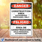 Brimar - 12" x 18" - Bilingual Danger Construction Area Authorized Only Sign - .063″ White Rust-Free Aluminum - Bold Text And Symbol - Easy Installation