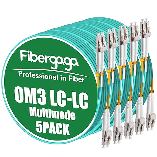 Fibergaga-5Pack 15M(50ft) OM3 LC to LC Fiber Patch Cable, Multimode 50/125µm 10G/40G, OD-2.0mm Fiber Optic Cable Duplex LSZH Fiber Jumper