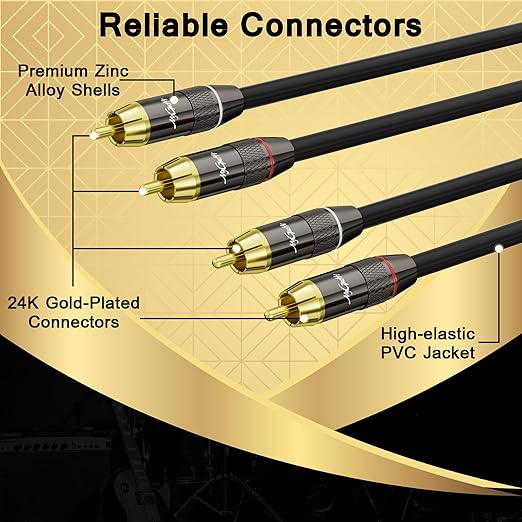 RCA Cable 20 FT, 2RCA to 2RCA Stereo Audio Cable, 【Zinc Alloy Shells, Oxygen-Free Copper, Gold-Plated Plugs】2 RCA Audio Adapter Cord, for Home Theater, HDTV, Amplifier, Hi-Fi System, Car, Speaker