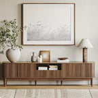 CHUWELL 86.6'' Fluted TV Stand for 75/80/85 Inch TVs, Mid Century Modern Entertainment Center with Large Storage Space & Open Shelves, Walnut TV Console with Sliding Doors for Living Room, Bedroom