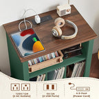 Joaxswe Record Player Stand with Charging Station Up to 200 Albums, 24" Wide Mid-Century Record Player Table with Vinyl Record Storage,Large Wood Turntable Stand Dispaly Cabinet for Living Room,Green