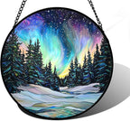 DASTOLL Stained Glass Window Hanging, Aurora Landscape Sun Catchers Glass Panel Green Trees Suncatcher Decor for Birthday for Women, Men, Wife, Aunt, and Mom 7.8 in