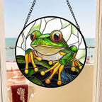 DASTOLL Stained Glass Window Hanging, Green Frog White Petals Sun Catchers Colorful Glass Panel Cute Suncatcher Decor for Birthday for Women, Men, Wife, Aunt, and Mom 14.9x14.9 in