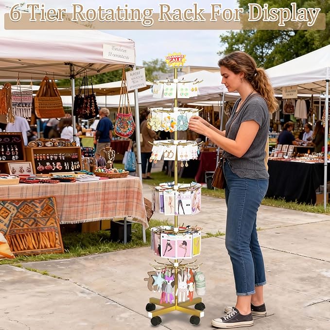 Exttlliy Retail Display Stand Store Display Rack 6 Tier Metal Spinning Display Stand Rack with Wheels Keychain Jewelry Stocking Hat Stand with Hooks for Malls, Showroom, Retail Store (6 Tier Gold)
