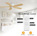 WINGBO 48" Flush Mount DC Ceiling Fans Without Lights, 5 Carved Solid Wood Blades, 6-Speed Reversible DC Motor, Low Profile Hugger Ceiling Fan No Lights for Living Room Bedroom Patio, White and Oak