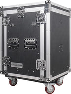 Sound Town 14U PA DJ Pro Audio Rack/Road ATA Case with 2U Drawer, 11U Slant Mixer Top, Two DJ Work Tables, Casters, Pro Tour Grade (MR-DR14UT2)