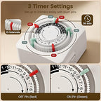 SURAIELEC Mechanical Timer with 2 Grounded Outlets, Indoor Electrical Plug in Timer with Trippers, 24-Hour Programmable and 3 Prong for Christmas Decorations, Plant Lights, Fan, 15A, White, 2 Pack