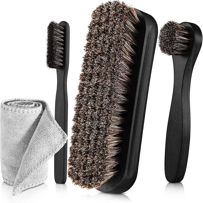 4 Pcs Horsehair Shine Shoes Brush Kit Polish Dauber Applicators Cleaning Leather Shoes Boots Care Brushes Suede Cleaner Brush with Microfiber Shoe Cloth(4 Pcs Black D)