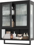 Bathroom Wall Cabinet, Over The Toilet Space Saver Storage Cabinet, Medicine Cabinet with 2 Glass Door and Towel Bar, Metal Wall Mounted Cabinet for Bathroom Laundry Room Kitchen