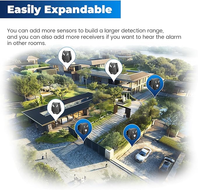 Solar Wireless Driveway Alarm Alert Outside 2000ft Range, Outdoor Motion Sensor & Detector Driveway Alert System with Rechargeable Battery/Weatherproof/Mute Mode/Expandable(1 Receiver and 2 sensors)