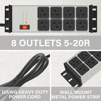 CCCEI Grey Heavy Duty Power Strip Surge Protector 20 AMP, 8 Outlets 12 Gauge Industrial Shop Garage Metal Multiple Outlets, 4 FT Extension Cord 5-15P Adapter High Amp 6-20R T-Slot 20a for Appliance