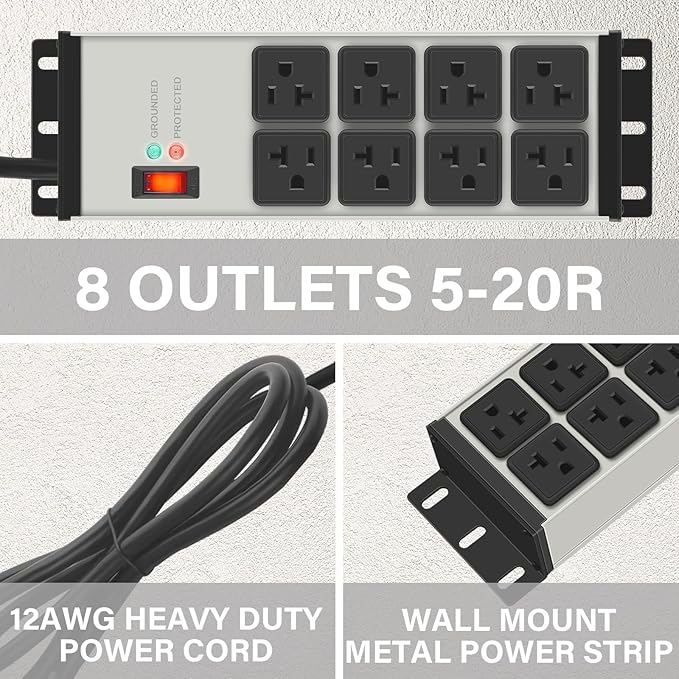 CCCEI 2PCS Heavy Duty Power Strip Surge Protector 20 AMP, 8 Outlets 12 Gauge Shop Garage Metal Multiple Outlets, 10 FT Extension Cord 5-15P Adapter High Amp 6-20R T-Slot 20a for Appliance Grey.