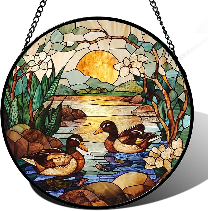 AMDERVEN Stained Glass Window Hanging, Ducks in The Pond Sun Catcher for Door Home Decor Landscape Plant Suncatcher Christmas Mother's Day Birthday Gifts for Women Men Mom Nana 11.8 in
