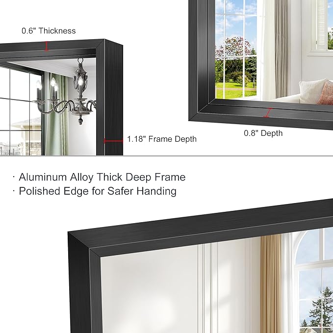 Black Bathroom Mirror, 36 x 30 Inch Brushed Black Rectangle Mirrors for Wall, 0.6" Thickened Deep Frame Mirrors for Over Sinks, Shatterproof Tempered Glass, Antirust, Horizontally or Vertically