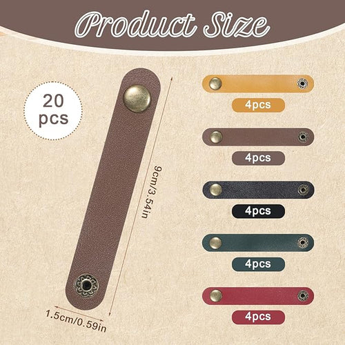 20 PCS PU Leather Cord Organizer, Multicolor Leather Cable Ties Portable Snap Cable Strap Charging Cables Cords Organizer Reusable Cord Keepers Multipurpose Winder for Men Women (5 Colors)