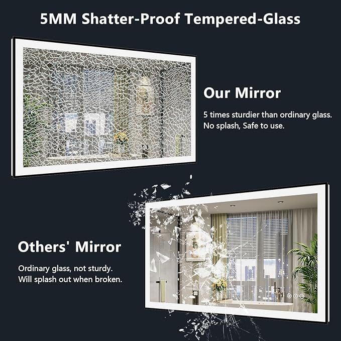 YEELAIT 55x30 Inch LED Bathroom Mirror with Lights (Front Lit and Backlit) Black Framed Lighted Vanity Mirror for Bathroom Wall Dimmable Anti-Fog Memory Tempered Glass Horizontal/Vertical