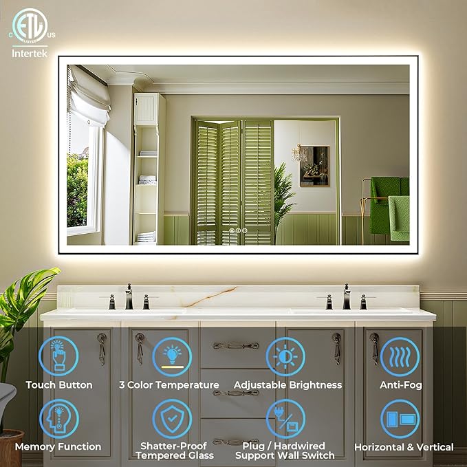 YEELAIT 66x36 Inch LED Bathroom Mirror with Lights (Front Lit and Backlit) Black Framed Lighted Vanity Mirror for Bathroom Wall Dimmable Anti-Fog Memory Tempered Glass Horizontal/Vertical