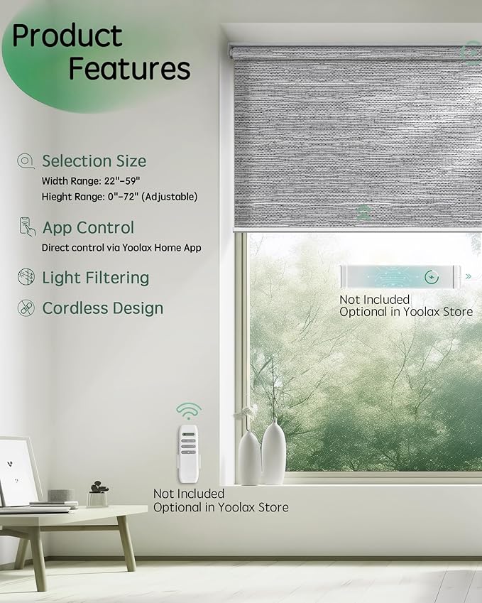Yoolax Motorized Blinds App Control, Light Filtering Motorized Shades for Windows, Cordless Automatic Roller Shades for Bedroom Living Room Office(Light Filtering Jacquard Gray, 23" W x 72" H)