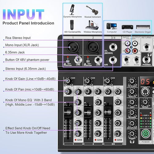 8 Channel Audio Mixer DJ Mixer Sound Board Console 16 Dsp USB Audio Interface MP3 Input +48V Phantom Bluetooth Studio Mixer Audio For Karaoke Streaming Recording