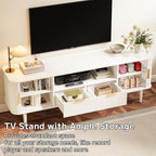 DAMCROP TV Stand 62.4 Inch Mid Century Modern Media Console Table with Drawer Sliding Tambour Door Farmhouse Sideboard Buffet Cabinet Fits TVs up to 75 inch Fluted Wood Entertainment Center(White)