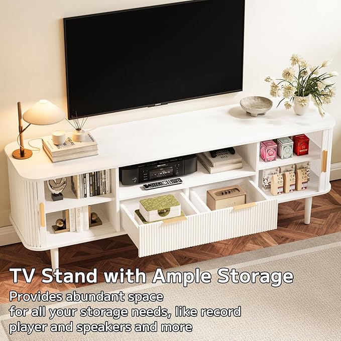 DAMCROP TV Stand 62.4 Inch Mid Century Modern Media Console Table with Drawer Sliding Tambour Door Farmhouse Sideboard Buffet Cabinet Fits TVs up to 75 inch Fluted Wood Entertainment Center(White)