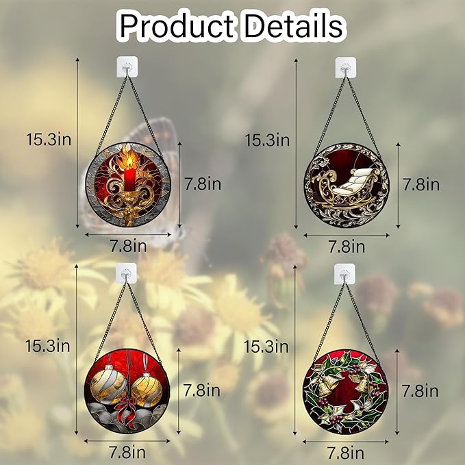 AMDERVEN Stained Glass Window Hanging 4 Pcs Set Christmas Golden Bell Sleigh 7.8" - Suncatcher Door Garden Sun Catcher Decor Birthday Mother's Day Xmas Gifts for Mom Woman Nana Men Parents