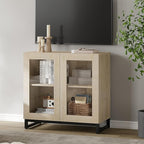 WAMPAT Modern TV Stand with Glass Doors for 32-40 inch TVs, Entertainment Center Console with Adjustable Shelves and Metal Base for Living Room, Bedroom, Light Oak