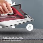 Rowenta Iron, Focus Excellence Stainless Steel Soleplate Steam Iron for Clothes, Retractable Cord, 400+ Microsteam Holes, Powerful steam, LED Display, 1750 W Ironing Clothes, Cordreel, Red DW5433