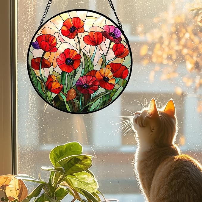 CRISGIF Stained Glass Window Hanging - Poppy Birth Flowers Suncatcher for Door Garden Yard Wildflowers Sun Catchers Decor Christmas Mother's Day Birthday Gifts for Women Mom Nana Friend 11.8 in