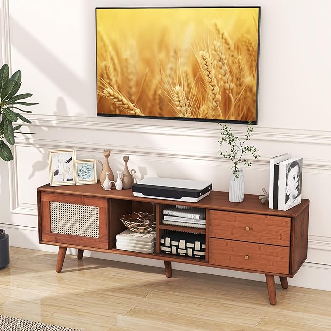 Giantex Mid Century Modern TV Stand for TVs up to 65", Wood Entertainment Center with Open Storage Shelves, PE Rattan Sliding Doors & Drawers, Media TV Console Table for Living Room (Walnut)