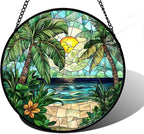 DASTOLL Stained Glass Window Hanging, Green Beach Scenery Suncatcher Diamond Glass Panel Hangings Sun Catchers Decor for Birthday for Women, Men, Wife, Aunt, and Mom 7.8 in