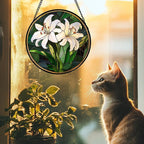 CRISGIF Stained Glass Window Hanging, White Lily Suncatcher for Door Garden Patio Birth Flower Green Plant Sun Catchers Decor Christmas Mother's Day Birthday Gifts for Women Mom Nana Friend 15 in