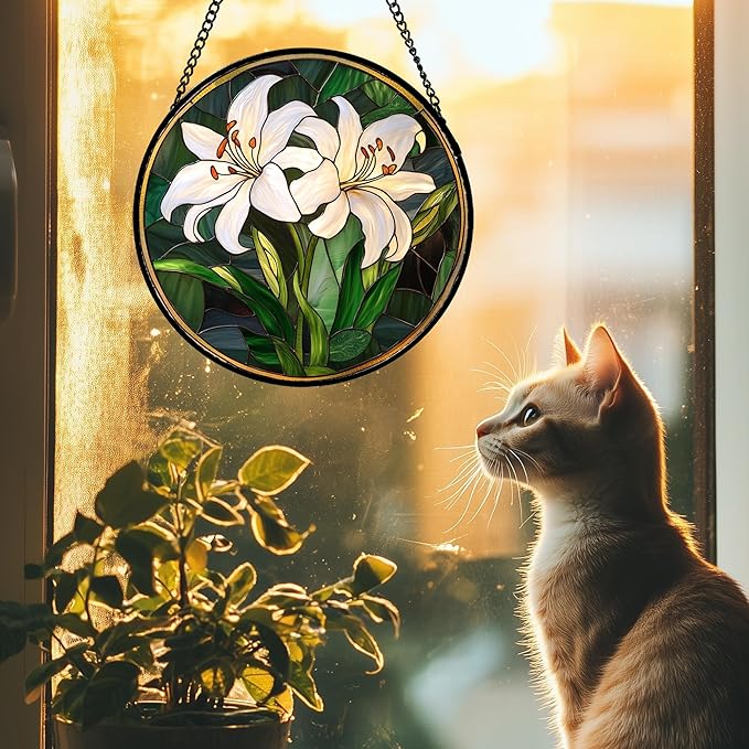 CRISGIF Stained Glass Window Hanging, White Lily Suncatcher for Door Garden Patio Birth Flower Green Plant Sun Catchers Decor Christmas Mother's Day Birthday Gifts for Women Mom Nana Friend 15 in