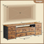 Huuger 70 Inch TV Stand for 75, 80 Inch TV, 11 Drawer Long Dresser with Power Outlets and LED Lights, Entertainment Center with Storage, Rustic Brown Dresser with Printed Surface, 1TS011F