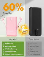 miisso 10000mAh Mini Portable Charger with Built in Cable, Pocket Size Power Bank Travel External Battery Pack for Phone, 3 Output USB Type C Cord Clutch Compatible with iPhone, Samsung, Pink