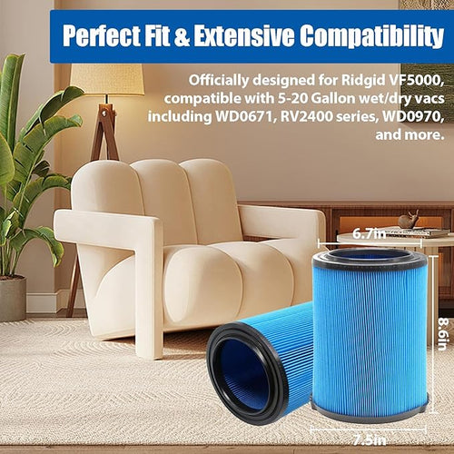 2 Pack 3-Layer VF5000 Replacement Filter for Rigid Shop Vac 5-20 Gallon Wet Dry Vacuums, fits RV2400A RV2400HF RV2600B WD06700 WD0671 WD0671EX0 WD0970 WD09700 WD1270 WD1450 WD1680 WD1851
