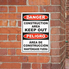 Brimar - 10" x 14" - Bilingual Danger Construction Area Keep Out Sign - .055″ Polyethylene Plastic - Bold Text - Easy Installation